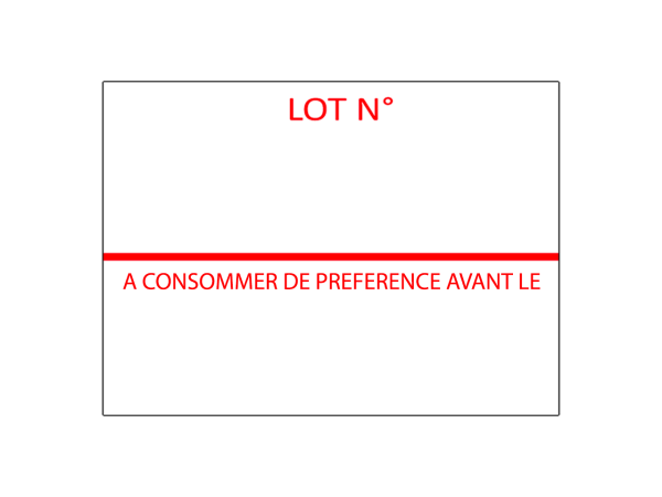 Etiquettes 26x19 blanc, colle permanente, impression "LOT N°/A CONSOMMER DE PREFERENCE AVANT LE" - Boite de 36 000 étiquettes