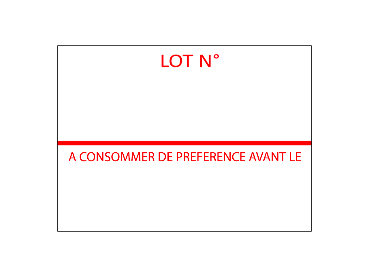 Etiquettes 26x19 blanc, colle permanente, impression "LOT N°/A CONSOMMER DE PREFERENCE AVANT LE" - Boite de 36 000 étiquettes
